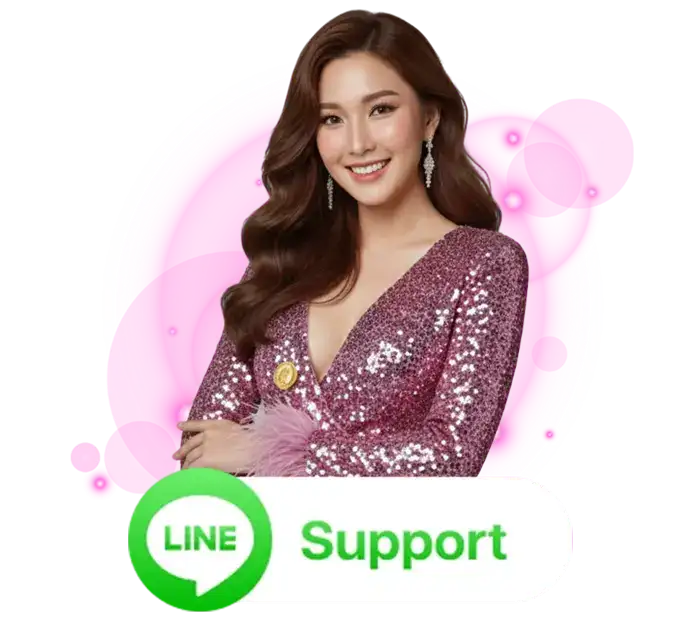 พริตตี้ผมยาวในชุดเลื่อมสีชมพูยืนกอดอก ด้านล่างเป็นป้ายไอคอน LINE สีเขียวพร้อมคำว่า LINE Support